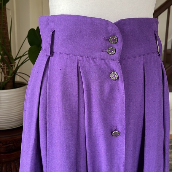 Vintage High Waisted Button Front Pleated A-Line Skirt Eggplant Purple - Picture 3 of 15